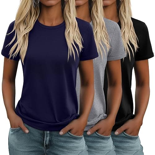 Huukeay 3 Pack Cotton Women's Short Sleeve T Shirts | Basic Tees, Cotton T Shirts, Short Sleeve, Crew Neck, Loose Fit Casual, Soft, Plain, Stretch, Summer, Everyday Wear, Workout - Image 1