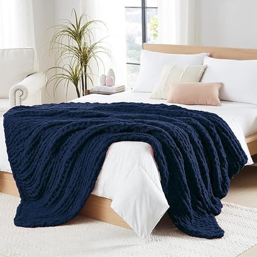 L'AGRATY Chunky Knit Blanket Throw - Soft Chunky Throw Blanket 50x60: 100% Hand Kintted Chenile Crochet Throw Blanket for Couch - Large Cable Knit Chunky Blanket for Home Decor(Dark Blue) - Image 1