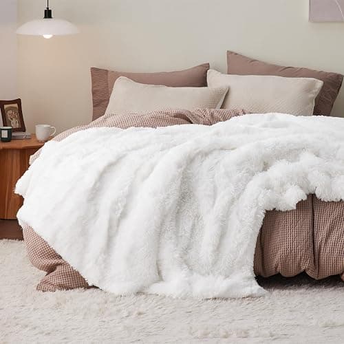 Bedsure GentleSoft Fluffy White Blankets Queen Size for Bed, Thick Sherpa Faux Fur Fleece Fuzzy Plush Winter Warm Heavy Soft Queen Blankets, Bedroom Decor White Gifts Cozy Gifts for Women Men, 90x90 - Image 1
