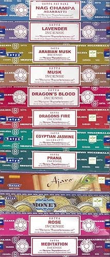 Set of 12 Nag Champa, Lavender, Arabian Musk, Egytian Jasmine, Musk, Dragon's Fire, Dragon's Blood, Prana, Ajaro, Money, Rose, Meditation by Satya Incense Bangalore (BNG) - Image 1