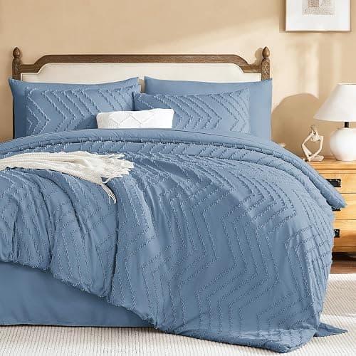 Litanika Full Comforter Set with Sheets, 7 Pieces Boho Bed in a Bag | Grey Blue Fluffy Lightweight Neutral Soft Warm Chevron Tufted Textured Bed Set - Image 1