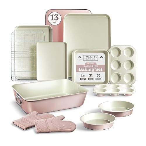 Country Kitchen Nonstick Stackable Bakeware Set - Deluxe Heavy Duty, Durable, Easy Release Baking Set, Pink, 13 Pcs with Handles - Image 1