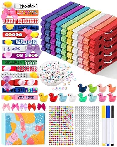 SF SOONEAT Cheer Pins for Backpack Cheer Stuff Kit 70 Colored Clothes Pins with Mini Resin Ducks Bows Letter Beads Team Cheerleaders Gifts Bulk Pin Me Ribbon for Bag Decorations Colorful Spirit Clips - Image 1