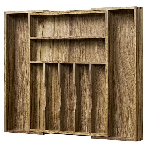 Kiasthome Acacia Wood Kitchen Silverware Drawer Organizer, Expandable Utensil Cutlery Drawer Organizer with Dividers, Flatware Organizer Silverware Tray for Spoon, Fork, 13''-20''x16.9'' (7-9 Slots) - Image 1