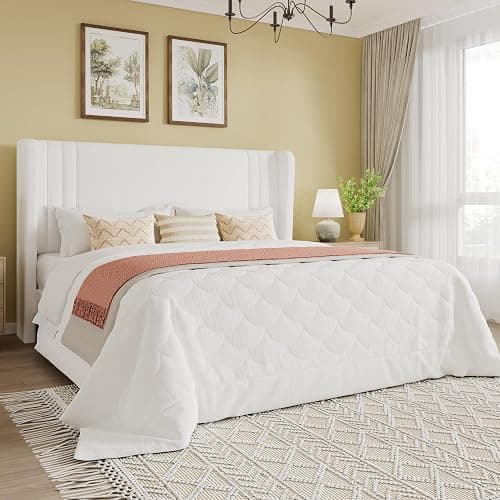 SHA CERLIN Full Size Velvet Upholstered Platform Bed Frame with Vertical Channel Tufted Wingback Headboard, Wooden Slats Support, Easy Assembly, Under Bed Storage, No Box Spring Required, White - Image 1