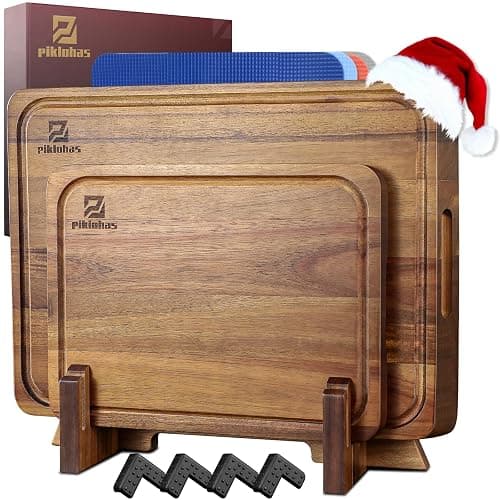 Cutting Boards Large Set of 7, Acacia Wood Charcuterie Chopping Board for Kitchen with Holder Non Slip Feet, Plastic Serving Board Mats, Juice Groove, Reversible Butcher Block for Meat Cheese Bread - Image 1