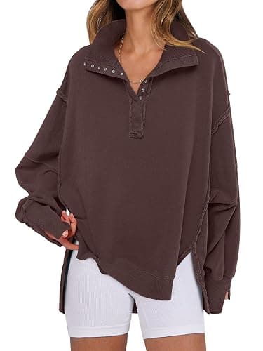 ANRABESS Women's Sweatshirts Oversized Casual Loose Button Up Henley Pullover Top High Low Split 2025 Fall Fashion Outfits - Image 1