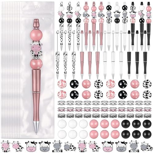 Colarr 24 Sets Plastic Beadable Pens DIY Pens Making Kit Assorted Wood Beads Crystal Spacer Black Ink Ballpoint for Women Crafts Office Family Gifts(Cow) - Image 1