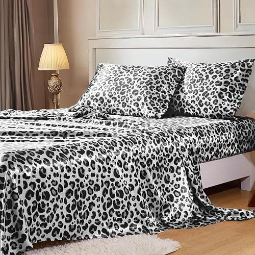 MR&HM Satin Sheets with Elastic Corner Straps, Full Size Sheets Set, 4 Pcs Silky Bedding Set with 15 Inches Deep Pocket for Mattress (Full, White Leopard) - Image 1