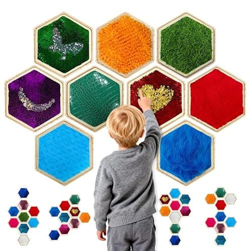 LILXIU 16 PCS Sensory Wall Panel with 9 Wooden Frame Replaceable Flip Sequin Board Textured Sensory Mats for Wall and Floor Early Learning Fidgeting Activity - Image 1