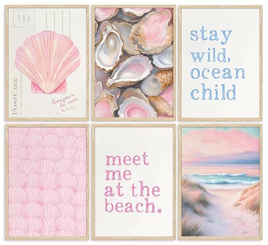 Pink Beach Preppy Wall art Coastal Granddaughter Aesthetic Room Painting Picture Wall Decor Shells Oyster Poster Print Artwork for Girls Room Girls Dorm Home Decoration - Image 1
