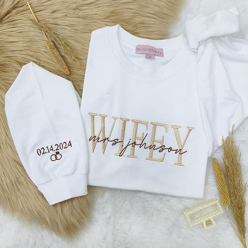 Embroidered Sweatshirt, 100% Cotton Wifey Sweatshirt, Wedding Gift, Gift for Bride, Bridal Shower Gift, Newlywed Honeymoon Present Black - Image 1