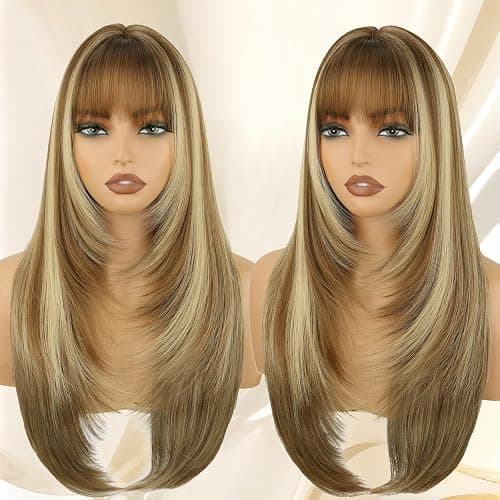 Brown Long Straight Layered Wig with Bangs for Women 26 inch Light Brown With Blonde Put on Go Realistic Synthetic Heat Resistant Natural Wig for Girls Party Cosplay and Daily Use - Image 1