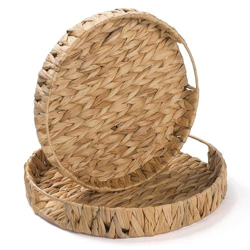 2 Pack Round Woven Tray, Water Hyacinth Serving Basket, Decorative Wicker Tray for Coffee Table, Bathroom, Living Room, Kitchen - Image 1