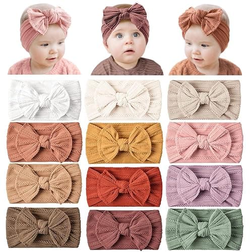 Prohouse 12 Pack Baby Nylon Headbands Hairbands Hair Bow Elastics Handmade Hair Accessories for Baby Girls Newborn Infant Toddlers Kids(Pink) - Image 1