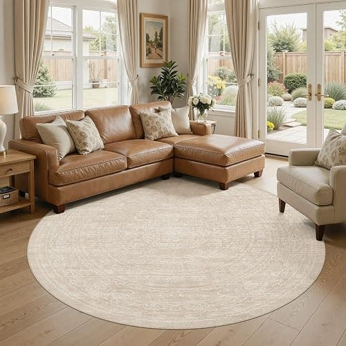 8ft Round Rug Living Room: Washable Large Vintage Neutral Area Rug Non-Slip Soft Stain Resistant Indoor Carpet for Bedroom Nursery Dining Room Under Table Bed Home House Office Playroom - Beige - Image 1