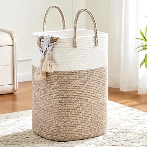 Laundry Basket,Woven Cotton Rope Laundry Hamper,Versatile Storage for Dirty Clothes,Baby Toys,and Blankets in Bathroom, Nursery,and Living Room (Brown, 60L) - Image 1