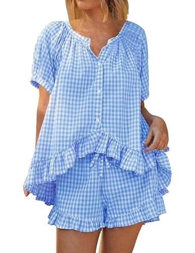 APRTEAK Womens 2 Piece Gingham Pajama Set Plaid Outfits Cute Ruffle Pajamas Checkered Cotton Pjs Short Sleeve Matching Set - Image 1