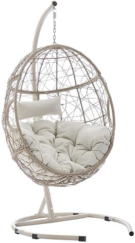 Crosley Furniture Cleo Wicker Indoor Outdoor Hanging Egg Chair with Stand for Patio, Porch, Deck, Light Brown with Sand Cushions - Image 1