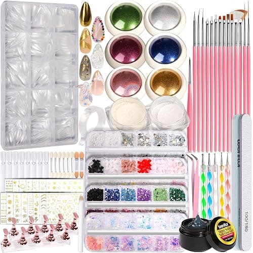 Teenitor Acrylic Nail Kit With Chrome Powder, Almond Tips, Art Brushes, Charms, 3D Gel, Tools, Stand - Beginner Set - Image 1