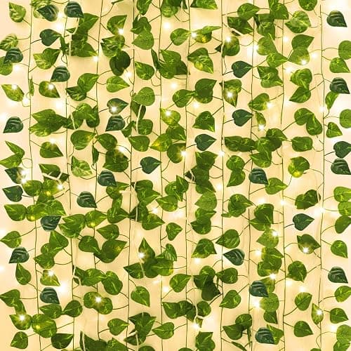 CEWOR 14 Pack 98ft Fake Ivy Vines, Artificial Ivy Garland with 100 LED String Lights, Hanging Plants Greenery Backdrop Green Leaves for Bedroom Room Wall Decor Wedding Party Table Decoration - Image 1
