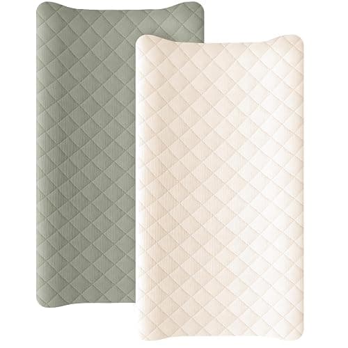 Konssy Waterproof Muslin Changing Pad Cover 2 Pack, Quilted Cotton Fitted Diaper Chang Table Cover, Soft Changing Pad Sheets for Girls Boys (Fog Green,Cream) - Image 1
