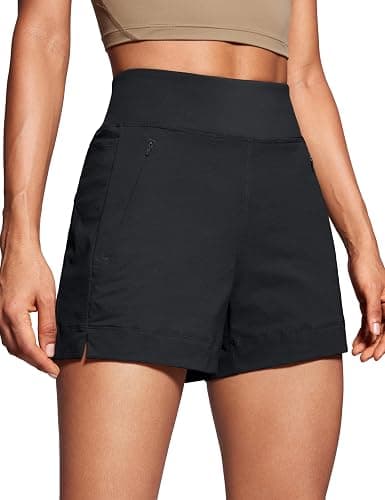 CRZ YOGA Women's Lightweight Mid Rise Hiking Shorts 4'' - Stretch for Athletic Summer Travel Outdoor Golf with Zip Pockets - Medium - Black - Image 1