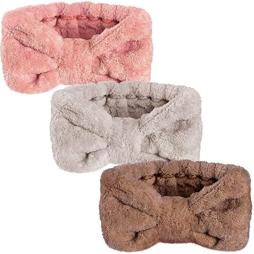 3 Pieces Wash Face Headband Makeup Spa Headband Towel Terry Hair Bands Microfiber Bowtie Headbands Shower Facial Adjustable Headband for Women (Pink, Blue, White) - Image 1