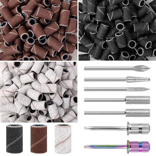 BELICOO Sanding Bands for Nail Drill 300Pcs, w/ 7Pcs Nail Drill Bits, 150#180#240#Grit Nail Sanding Bands for Manicures Pedicures, Electric Nail File Bits - Image 1