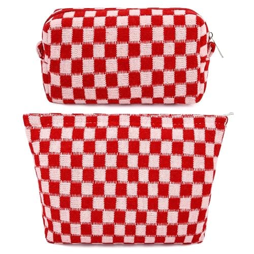 SOIDRAM 2 Pcs Checkered Makeup Bag Large Cosmetic Bag Toiletry Bag Makeup Pouch Travel Bag Organizer Cute Makeup Brushes Aesthetic Accessories Storage Bag for Women Red - Red - Image 1