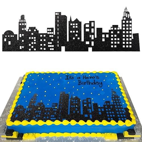 12 PCS City Cake Border Decoration Black Glitter Nighttime City Skyline Stick On or Lay On Building Images Lighted Backdrop Wrapper for New York Skyscraper Birthday Party Cake Decorations Supplies - Image 1
