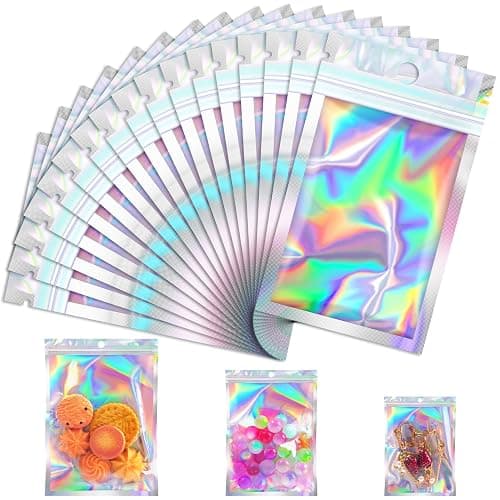 JETMORE 100 Pcs Mylar Bags, Smell Proof Bags with Clear Window, Resealable Holographic Bags for Snack, Cookie, Jewelry, Candy, Sealable Bag for Packaging, Mothers Day Gifts(2.4x3.9in) - 2.4*3.9inch - Holographic - Image 1