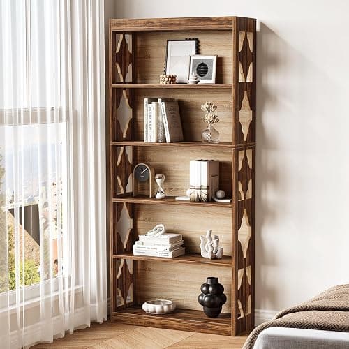 LITTLE TREE 69.9" Vintage Bookshelf, 5-Tier Tall Bookshelves, Cutout Design Vertical Bookcase, Freestanding Storage Display Shelf for Living Room, Bedroom, Study, Office, 1 Pack - Image 1