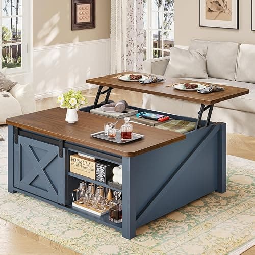 SEDETA 31.5" Lift Top Coffee Table with Storage, Square Coffee Table for Living Room, Farmhouse Coffee Table with Large Hidden Storage Compartment and Adjustable Shelves, Blue - Blue - Image 1