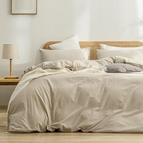 BESTOUCH Duvet Cover Set 100% Washed Cotton Linen Feel Super Soft Comfortable Chic Lightweight 2 PCs Home Bedding Set Solid Almond Milk Grey Twin/Twin XL - Almond Milk Grey (No Comforter) - Twin/Twin XL (68" x 90") - Image 1