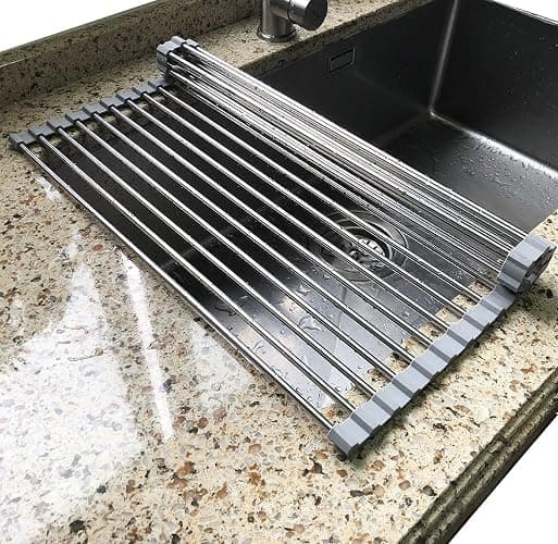 Tomorotec Roll Up Dish Drying Rack, Over The Sink Dish Drying Rack, Portable Stainless Steel Rolling Rack Multipurpose Kitchen Drainer Caddy Organizer Storage Shelf Holder, Gray - 17.7" x 11.5" - Image 1