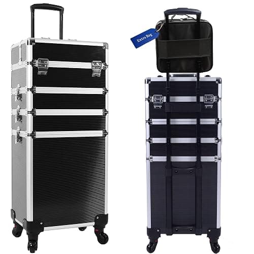 CHUANGJIN 5 in 1 Professional Makeup Train Case Aluminum Cosmetic Case Rolling Makeup Case ExtraLarge Storage Organizer with Key Swivel Wheels Salon Barber Case for Make Up Nail Hairstylists, Black - Image 1