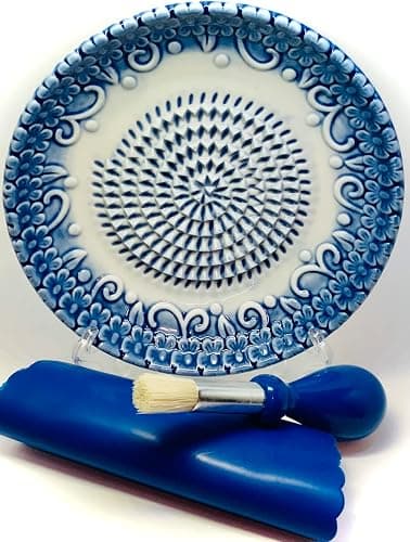 BonCera, Premium Ceramic Garlic Grater Plate Set - Blue Embossed | All-in-One 4-Piece Set includes 5.25" Plate, Peeler, Brush, and Stand - For Garlic, Ginger, Fruits, Strawberries, and more! - Image 1