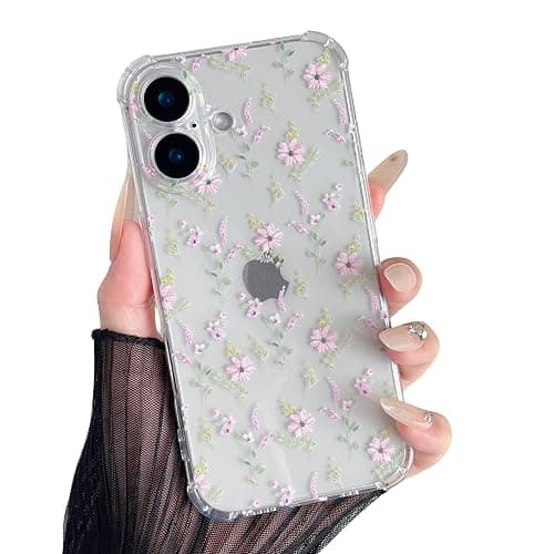 ZTOFERA for iPhone 16 Plus Phone Case Clear, Cute Flower Pattern for Women Girls Phone Cover 4 Corners Thickened Slim TPU Bumper Anti-Drop Protective Case for iPhone 16 Plus, Pink Flower - Image 1