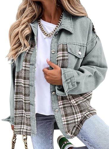 SHEWIN Womens Oversized Denim Jacket Casual Long Sleeve Button Down Plaid Shacket Boyfriend Jean Jacket With Pockets - Image 1