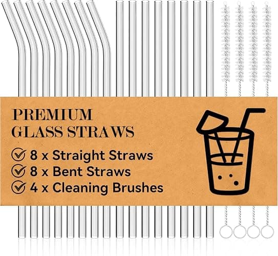 Foogwee® 20 Packs Reusable Glass Straws Set, 9'' x 12mm Clear Drinking Straws for Smoothies, Shakes, Coffee, Juice, Sodas, Milk, Tea, Cocktails, Set of 8 Straight and 8 Bent with 4 Cleaning Brushes - Image 1
