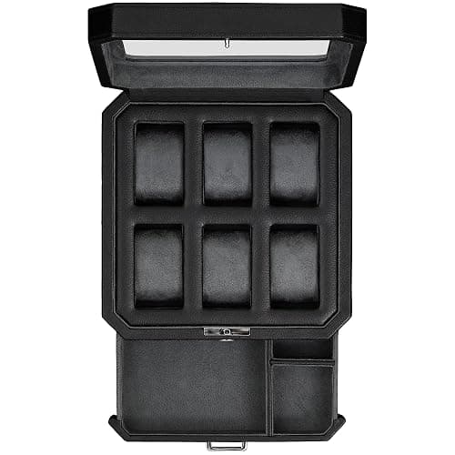 ROTHWELL 6 Slot Leather Watch Box with Valet Drawer - Luxury Watch Case Display Organizer, Microsuede Liner, Locking Mens Jewelry Watches Holder, Men's Storage Boxes With Large Glass Top (Black/Grey) - Image 1