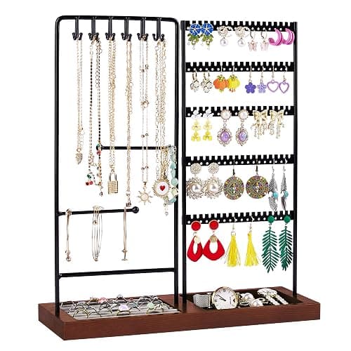 Vtopmart Jewelry Holder Organizer Stand Tree for Earring Necklace Ring Bracelets Display and Storage, with 90 Holes, 12 Hooks, Ring Tray, Black+ Walnut - Image 1