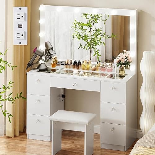 VOWNER Vanity with Lighted Mirror - Makeup Vanity Desk with Glass Top, 7 Drawers and Power Outlet, 3 Color Lighting Modes Adjustable Brightness, 44" Vanity Table with Stool for Women Girls, White - Image 1