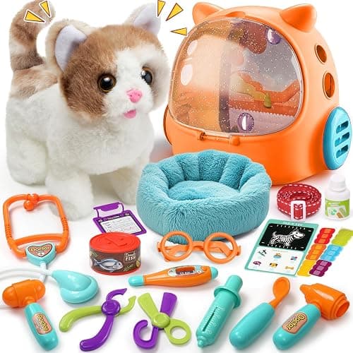 TUZT 17PCS Cat Doctor Kit for Toddlers 3-5, Veterinarian Playset for Kids with Interactive Walk Meow Cat & Backpack Carrier & Nest & Medical Tool, Pet Vet Kit Pretend Play Toy Gift for Boy Girl 3-6 - Image 1