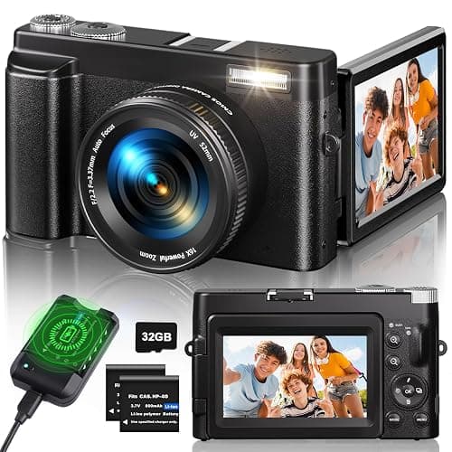 Digital Camera 4K, 48MP 16X Autofocus Digital Zoom Photo Camera, 3 Inch 180° Flip LCD Screen Compact Vlog Camera with Charging Station, 2 * 800 mAh Batteries, 32GB Card for Beginners, Children - Image 1