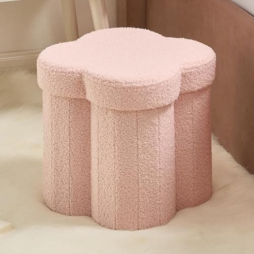 Ornavo Home Pink Boucle Storage Ottoman Cube – Flower-Shaped Footstool with Hidden Storage, Faux Teddy Fur Foot Rest for Living Room, Bedroom & Dorm, 12" Inch - Image 1