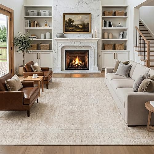 FMFUNCTEX 8x10 Washable Area Rug Neutral Beige Vintage Distressed Oriental Non Slip Low Pile Rug for Living Room Bedroom Cream Traditional Soft Thin Retro Indoor Carpet for Dining Room Office Dorm - Image 1