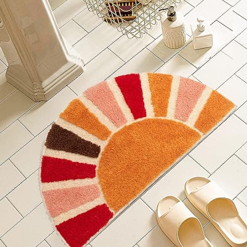 NOTASA Boho Bathroom Rugs Half Circle Bath Mat Cute Bohemian Bath Rug for Bedroom Small Carpet Home Decor Non-Slip Semi Round Shower Rug Funny Washable Indoor Floor Door Mat Sun Retro 16x30inch - Image 1