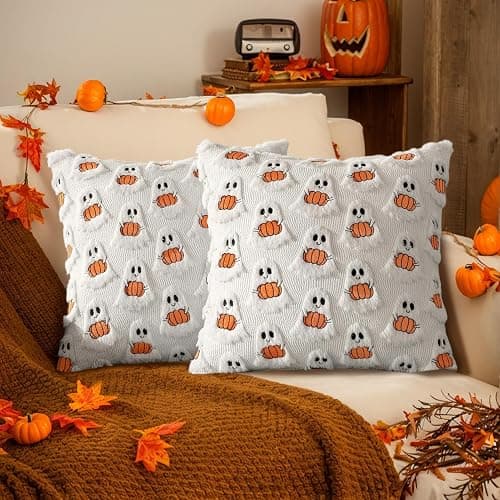 Halloween Pillow Covers 18x18 Inch, Set of 2, 3D Plush Ghosts with Pumpkins | Soft polyester, faux fur details, embroidered pumpkins, hidden zipper, inserts not included, for couch and bed decor - Image 1